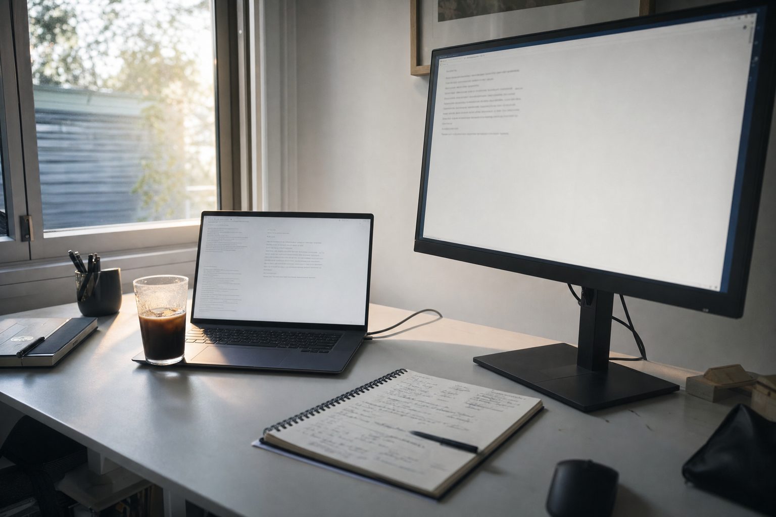 A home office desk in morning light: a Windows laptop beside a large monitor, a notebook with crossed-out lines, a cold coffee.
