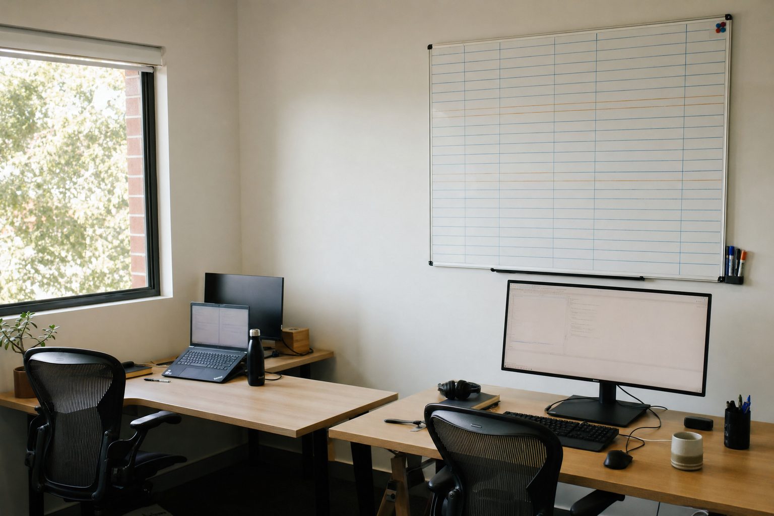 A small two-desk software studio in afternoon light: a laptop and a desktop with a wide monitor, a whiteboard with an empty ruled grid.